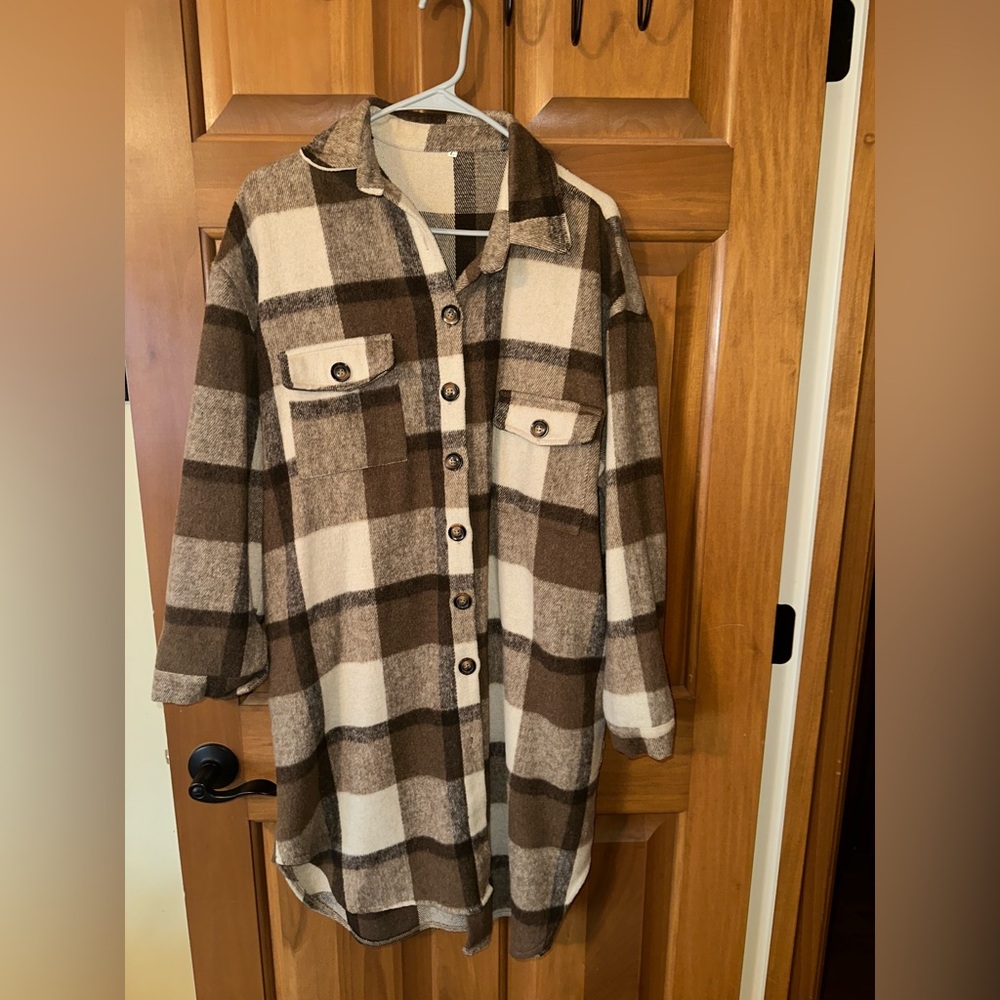 Amazon Brown & Cream Plaid Button-Front Long Shacket
